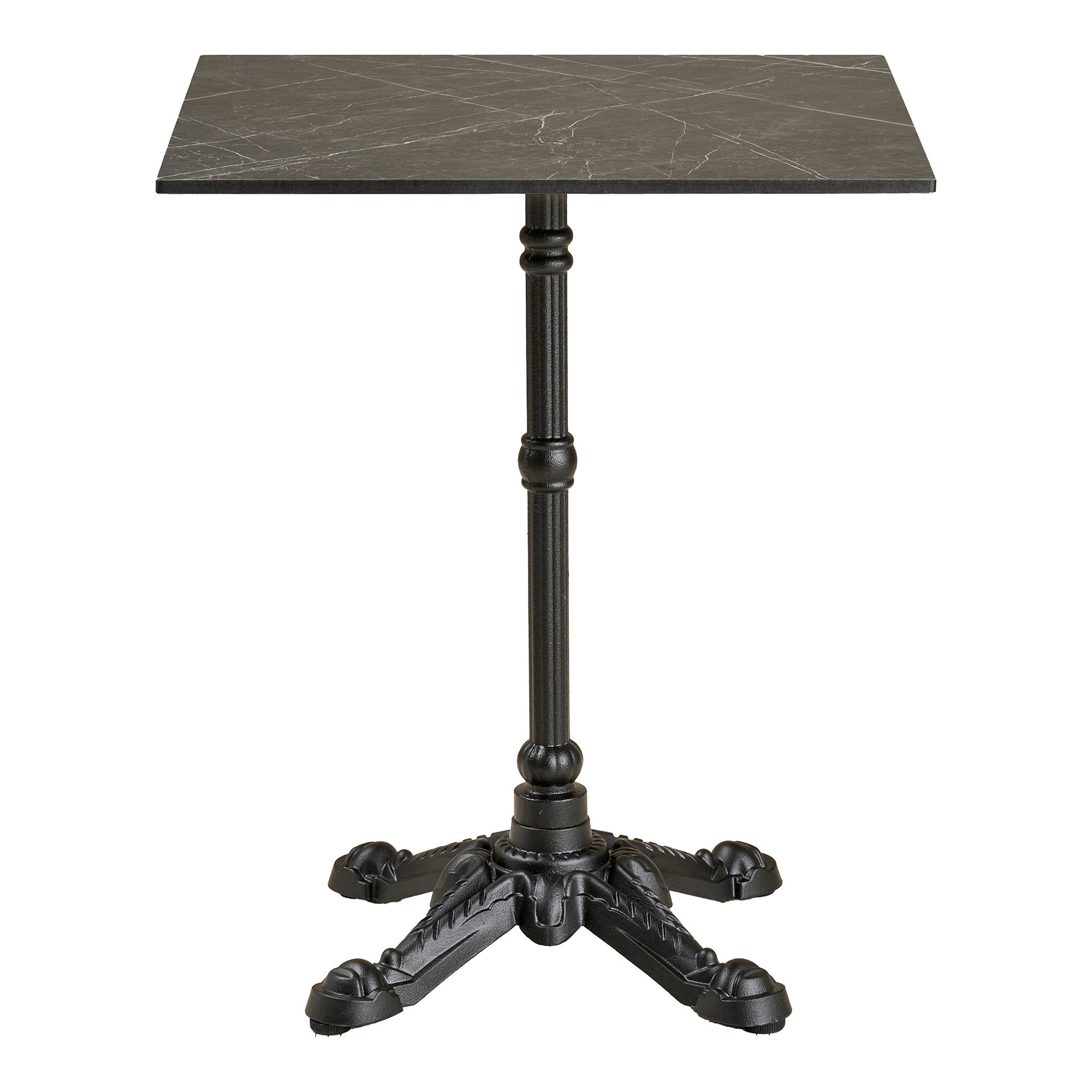 Table bistrot carrée plateau effet marbre noir veinures blanches pied fonte ciselée noire fond blanc