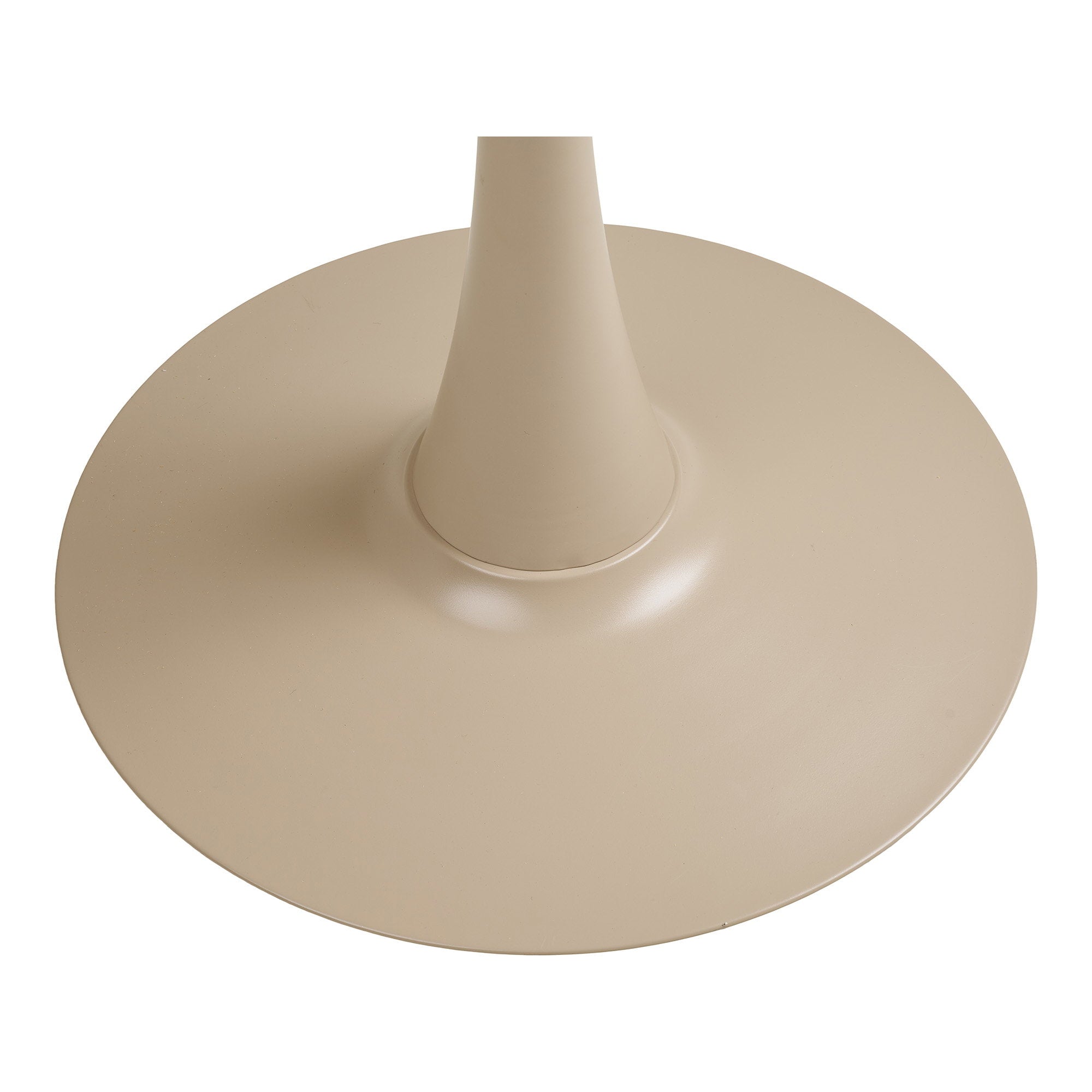 Gros plan base disque évasée pied tulipe acier laqué taupe table bistrot Meira