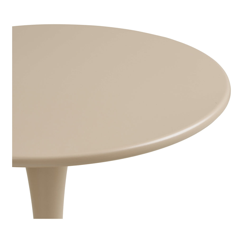 Gros plan plateau rond acier laqué mat taupe table bistrot Meira bords arrondis
