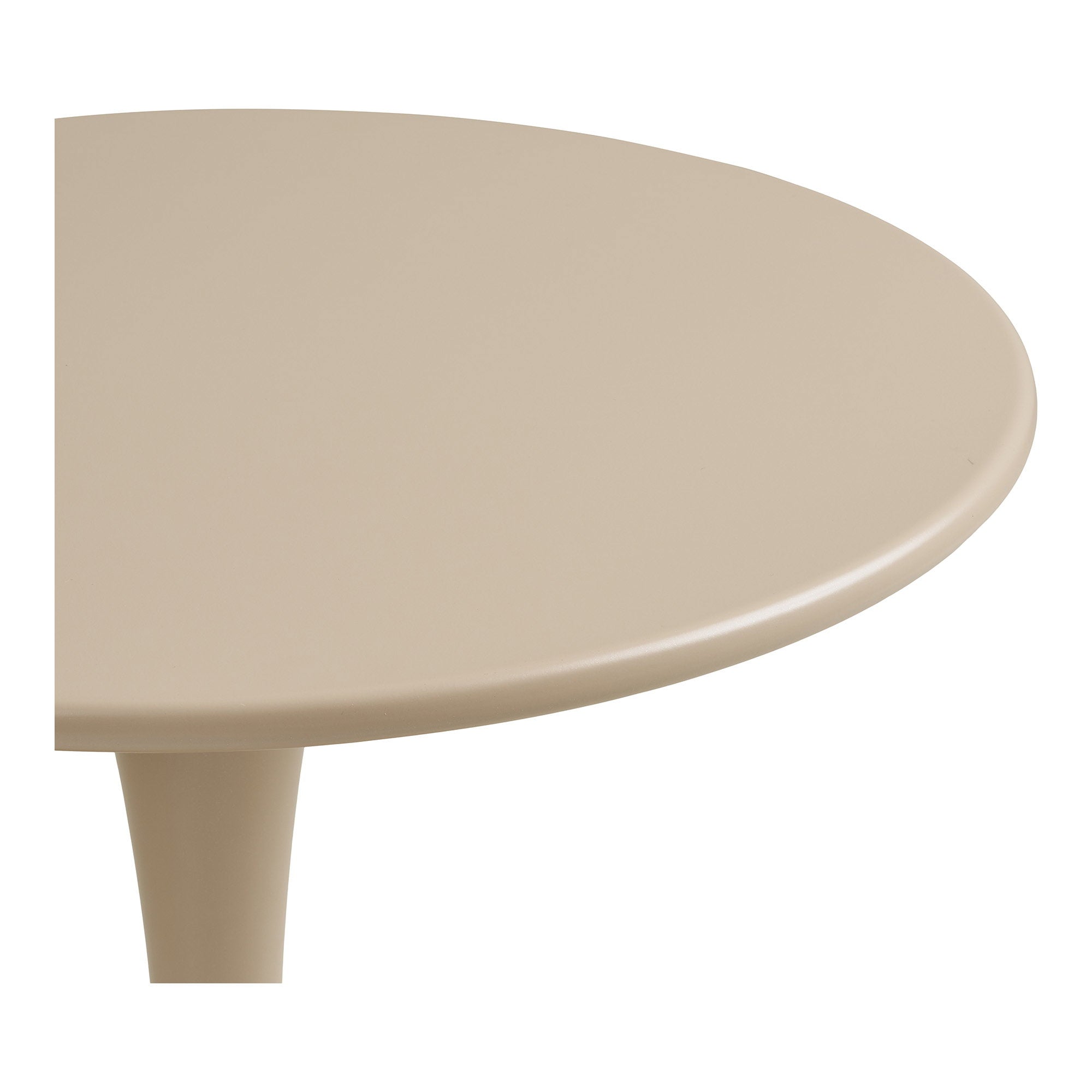 Gros plan plateau rond acier laqué mat taupe table bistrot Meira bords arrondis