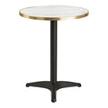 Table bistrot ronde plateau effet marbre blanc liseré doré et pied noir tripode sur fond blanc