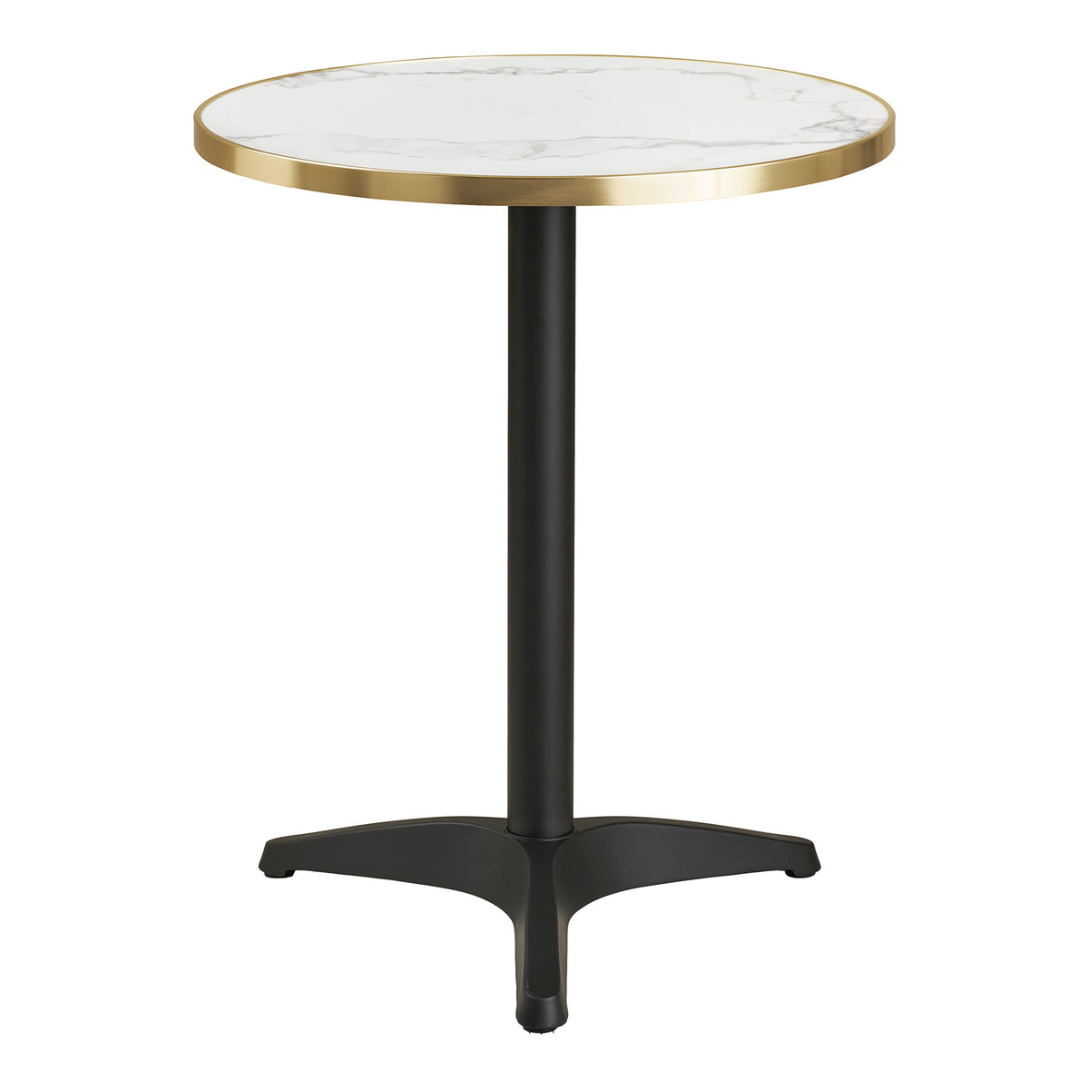 Table bistrot ronde plateau effet marbre blanc liseré doré et pied noir tripode sur fond blanc