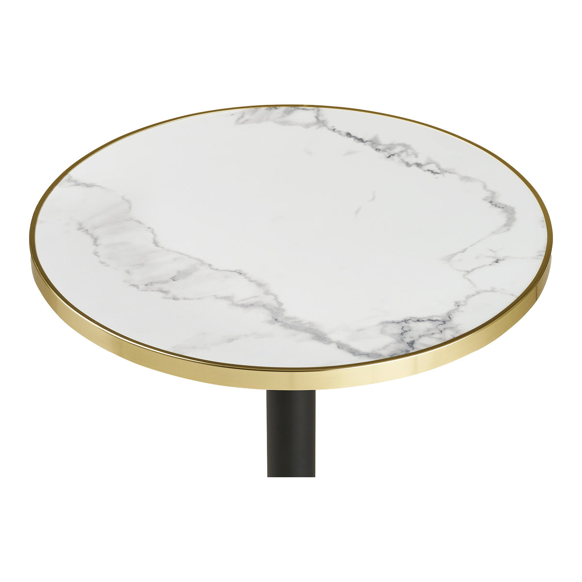 Plateau rond effet marbre blanc veiné de gris cerclé d'un liseré doré vu de dessus