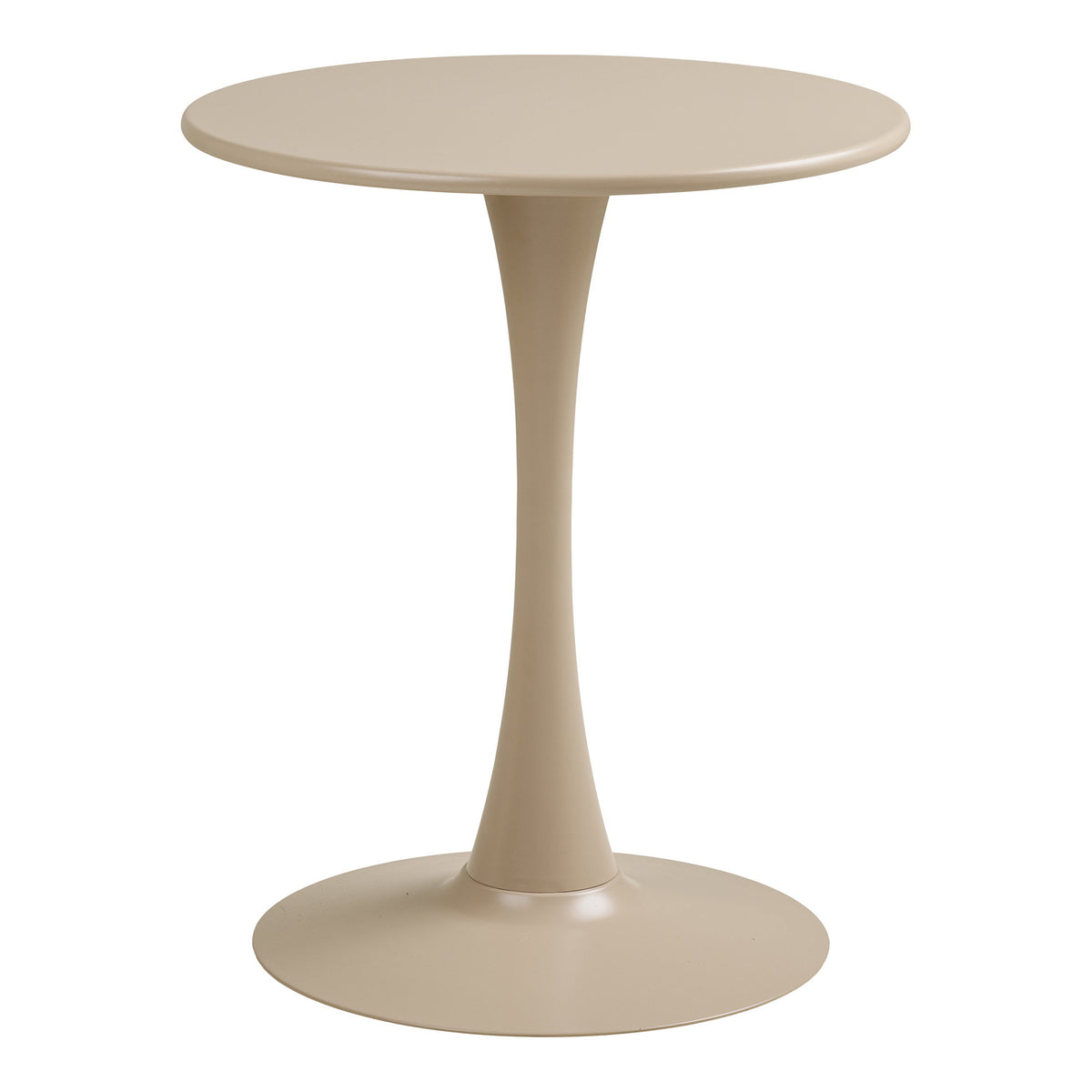 Table bistrot Meira taupe vue de face plateau rond pied tulipe et base disque