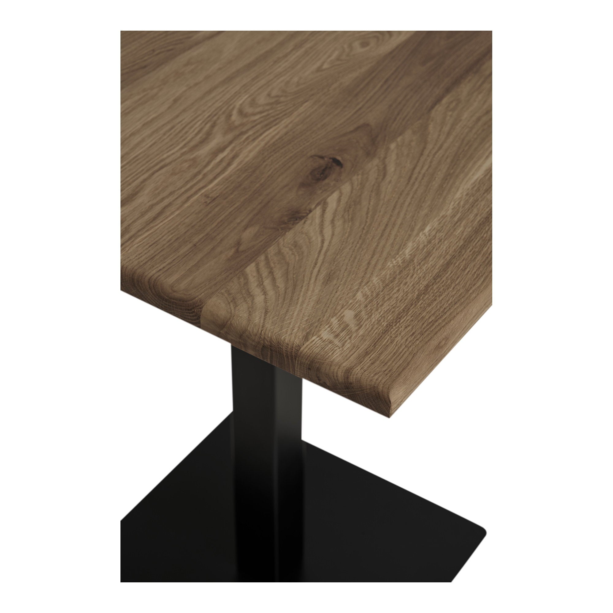 Détail angle plateau chêne massif fumé veinage naturel table Lignano 70 cm