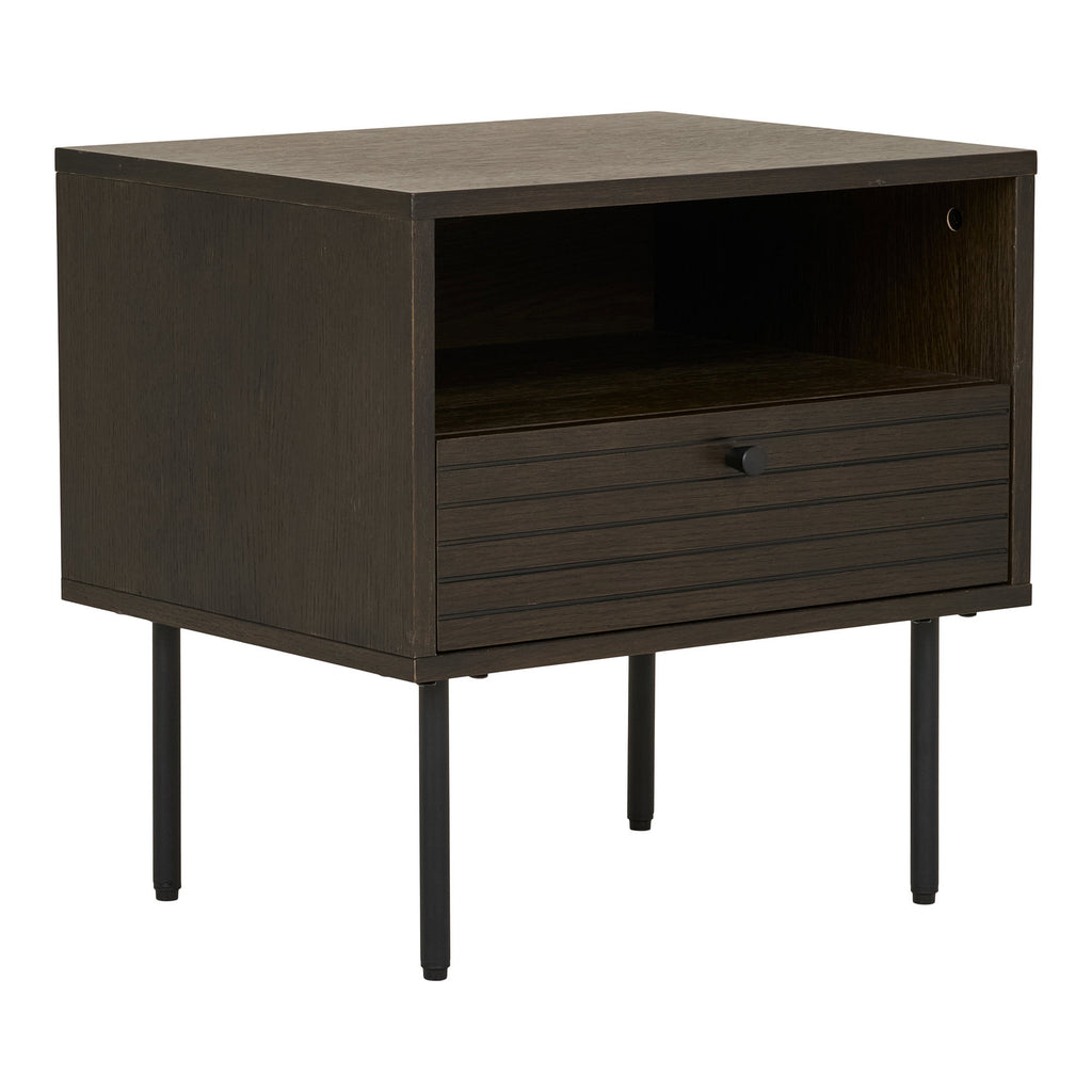 Table de chevet Kyoto chêne fumé 50x40x50 cm tiroir rainuré pieds métal noir vue trois quarts