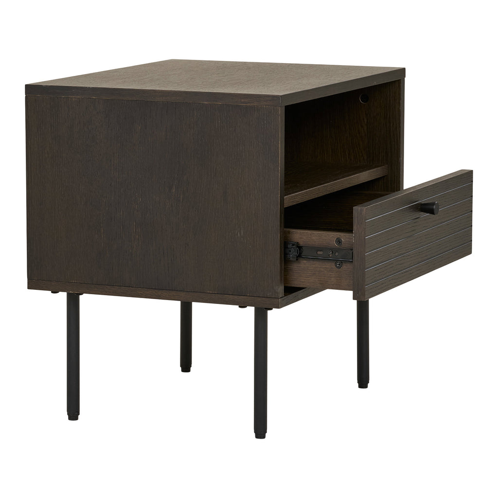 Table de chevet Kyoto tiroir ouvert glissières métal noir vue arrière détail