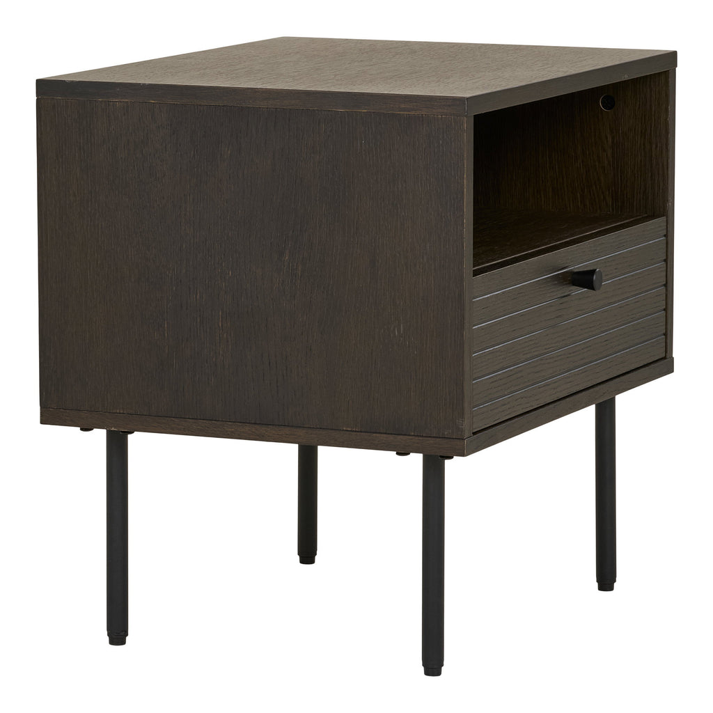 Table de chevet Kyoto chêne fumé pieds acier noir vue arrière trois quarts