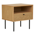 Table de chevet Kyoto chêne naturel 50x40x50 cm tiroir rainuré pieds métal noir vue trois quarts