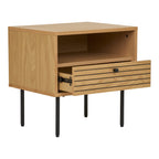 Table de chevet Kyoto chêne naturel tiroir ouvert glissières métal vue trois quarts