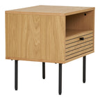 Table de chevet Kyoto chêne naturel pieds acier noir vue arrière trois quarts