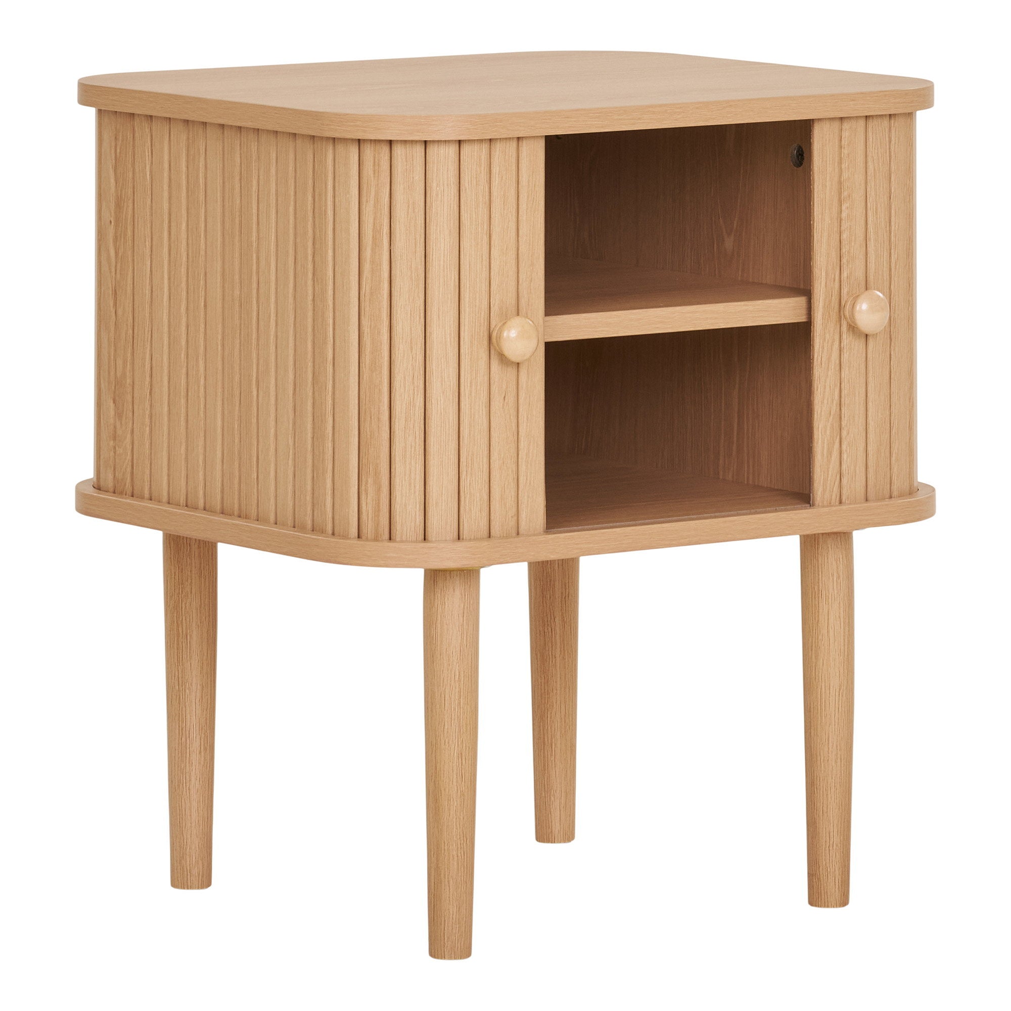 Table chevet Nikko bois naturel portes ouvertes étagère intérieure vue trois quarts