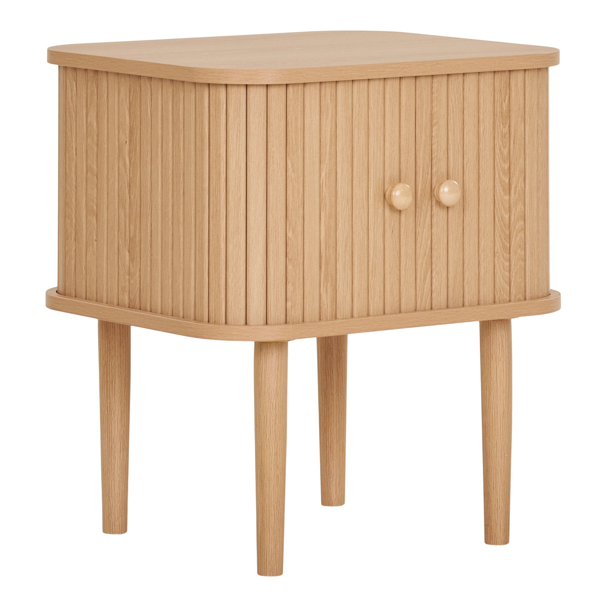 Table de chevet Nikko cannelures bois pin naturel vue trois quarts portes fermées