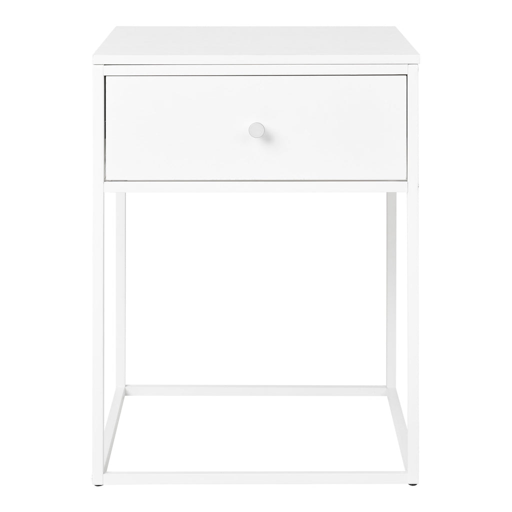 Table de chevet Vita blanche vue de face tiroir fermé pieds métal blanc mat