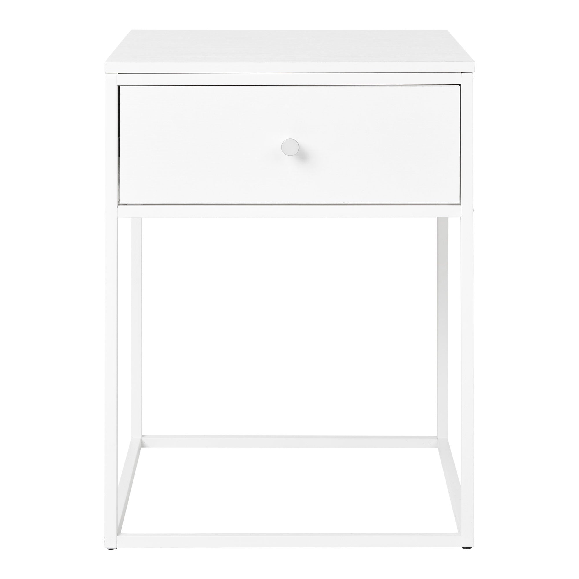 Table de chevet Vita blanche vue de face tiroir fermé pieds métal blanc mat