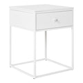 Table de chevet Vita blanche 40x40x55 cm tiroir ouvert glissières métal vue trois quarts