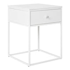 Table de chevet Vita blanche 40x40x55 cm tiroir ouvert glissières métal vue trois quarts