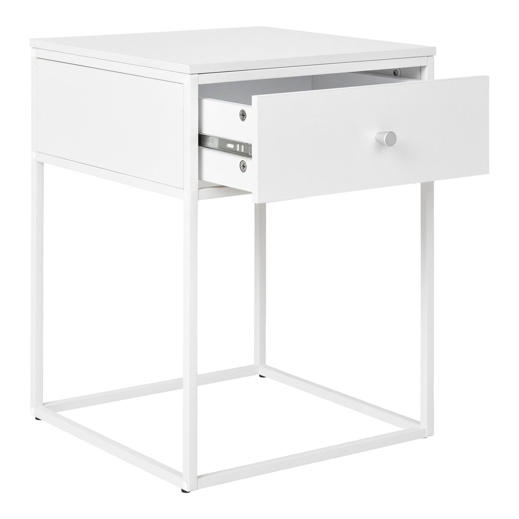 Table de chevet Vita blanche vue trois quarts bouton cylindrique métal blanc