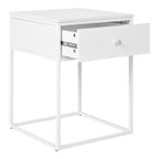Table de chevet Vita blanche vue trois quarts bouton cylindrique métal blanc