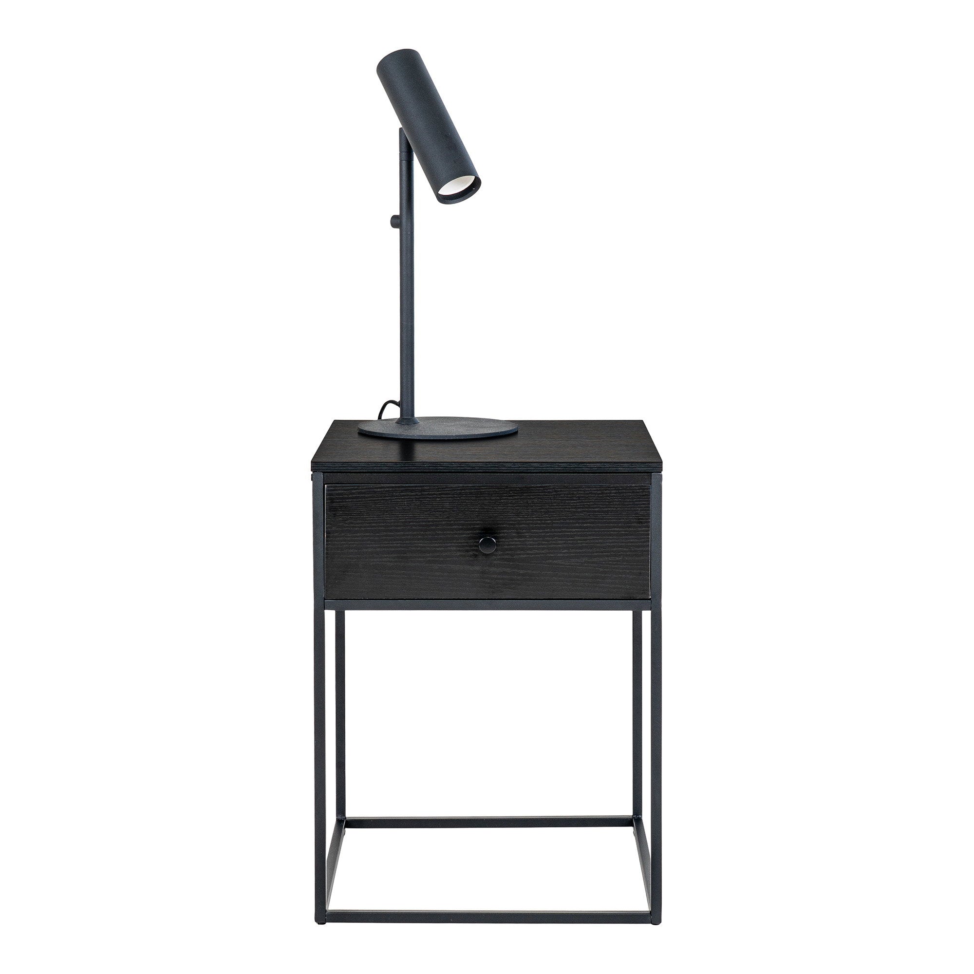 Table de chevet Vita noire avec lampe de bureau style industriel ambiance chambre moderne