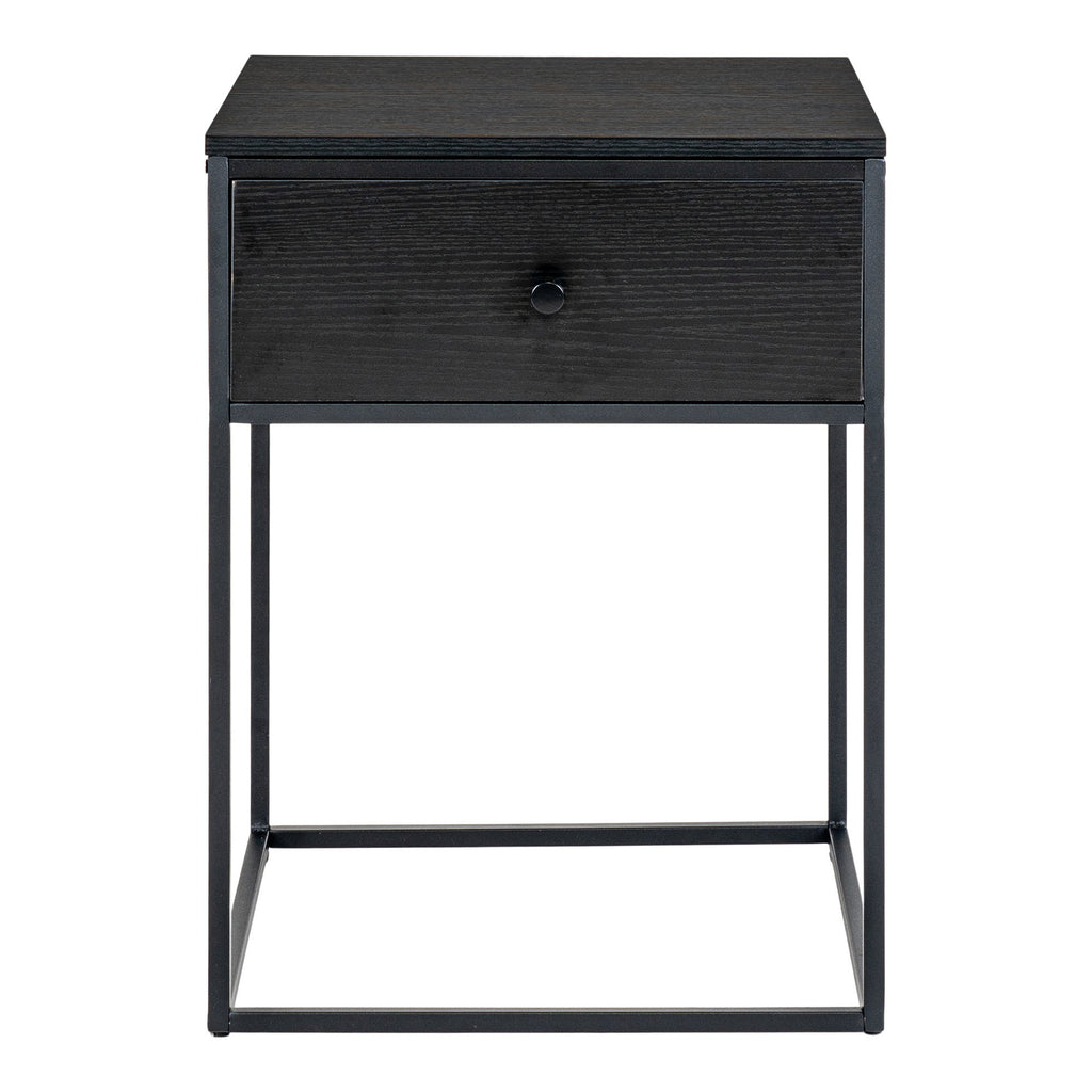 Table de chevet Vita noire vue de face tiroir métal pieds acier noir