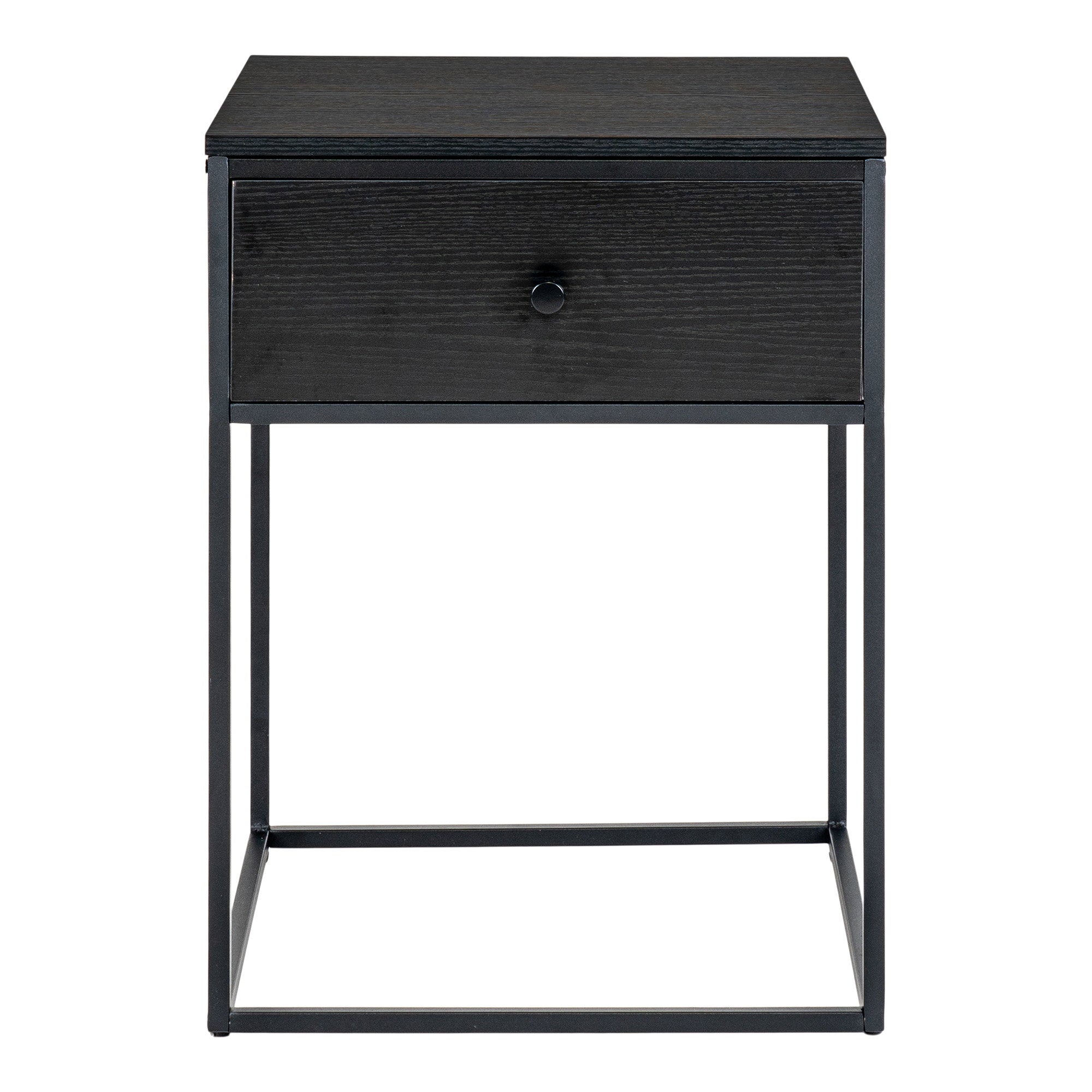 Table de chevet Vita noire vue de face tiroir métal pieds acier noir