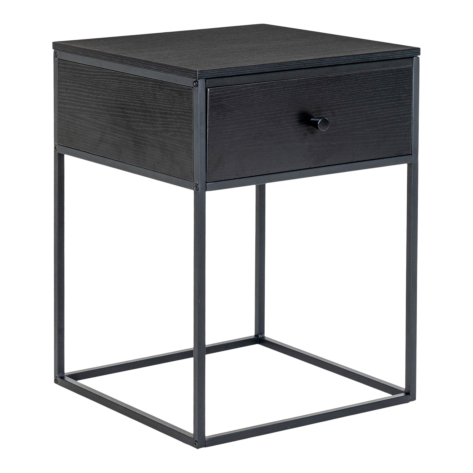 Table de chevet Vita noire 40x40x55 cm MDF et métal noir vue trois quarts tiroir bouton