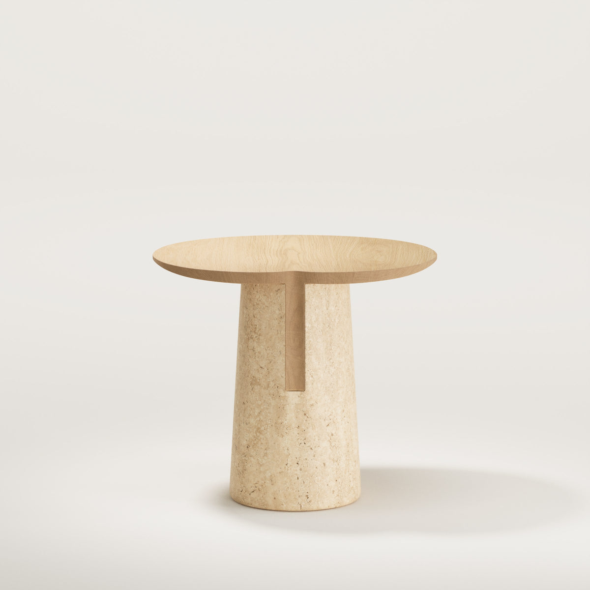 Dos de la table d'appoint Anchor en chêne naturel montrant le tenon engagé dans le socle