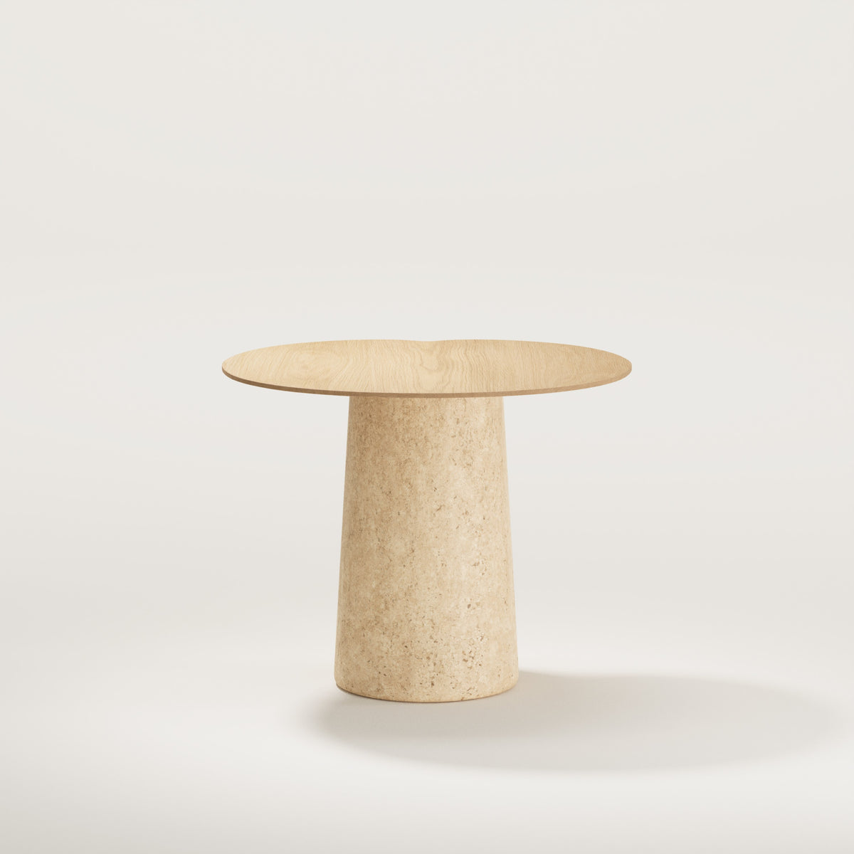 Table d'appoint Anchor plateau en chêne naturel et socle en travertin vue de face