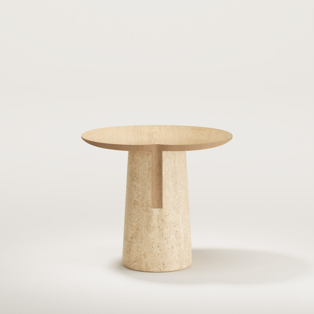 Dos de la table d'appoint Anchor en chêne naturel montrant le tenon engagé dans le socle
