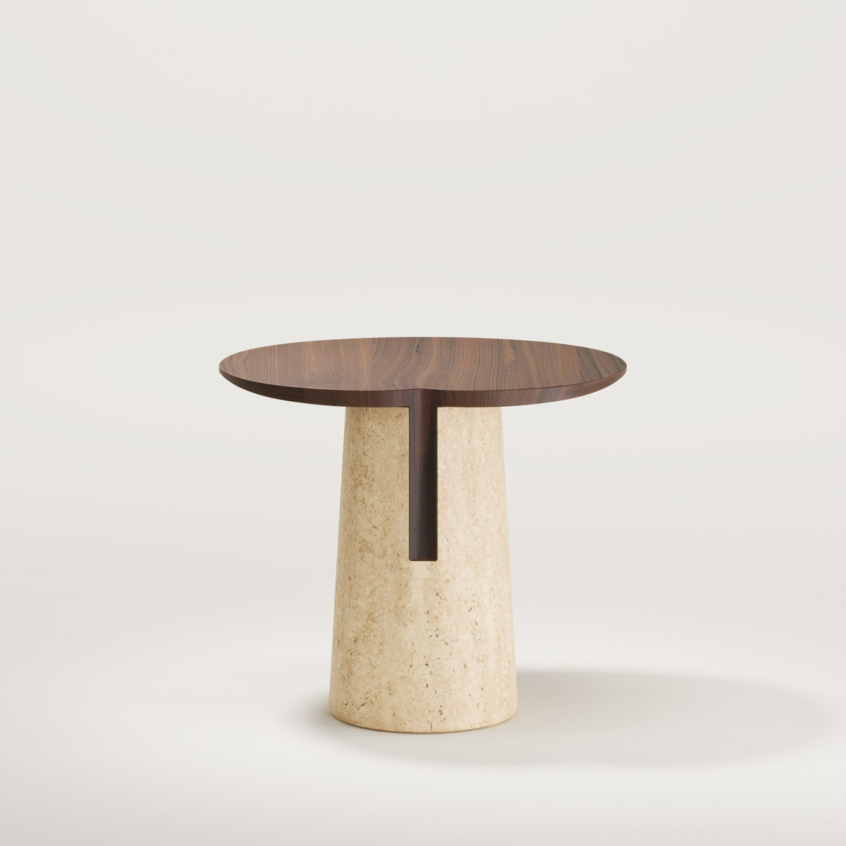 Dos de la table d'appoint Anchor en noyer foncé montrant le tenon engagé dans le socle