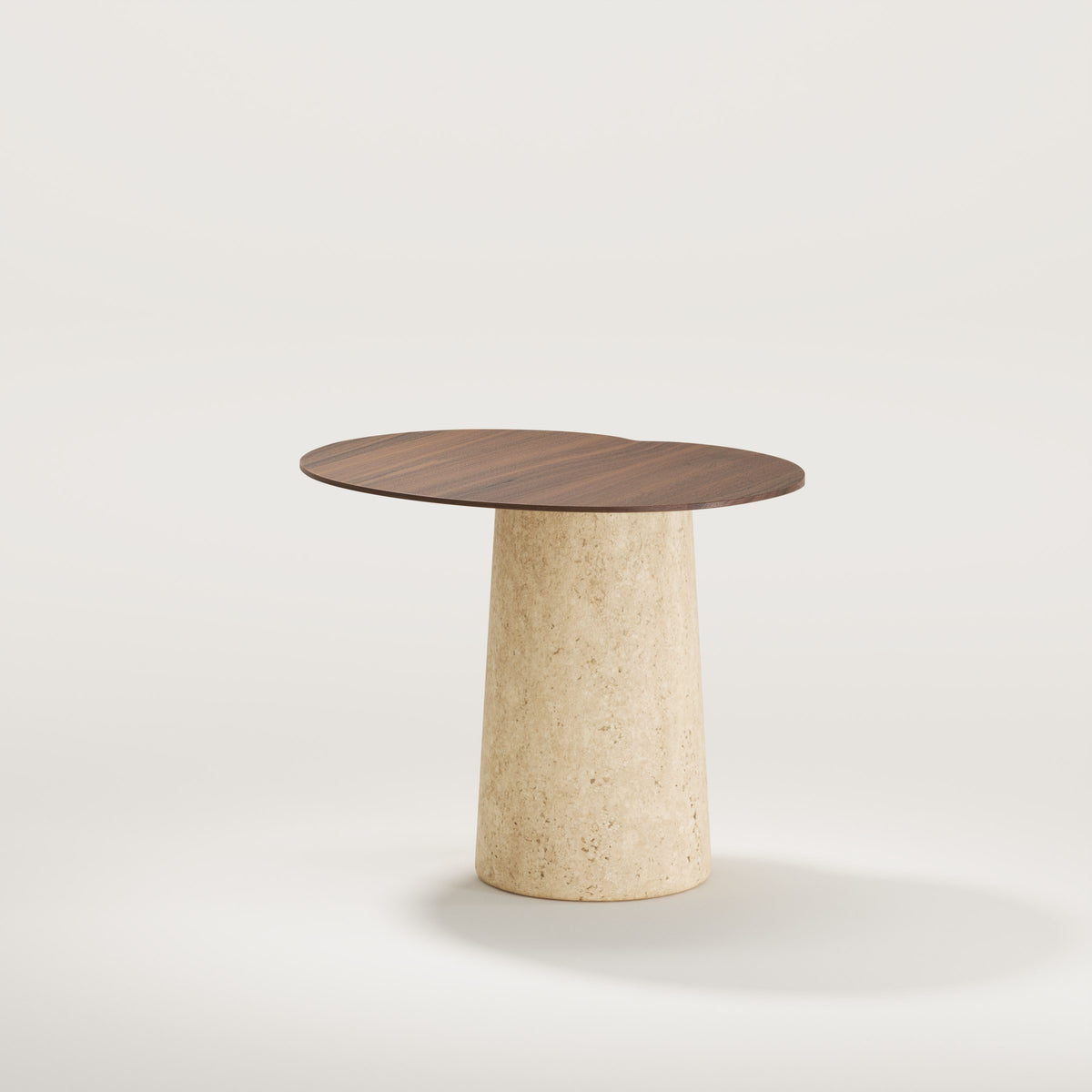 Table d'appoint Anchor en noyer foncé vue de trois quarts sur son socle en travertin