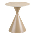 Table d'appoint Annecy plateau rond en céramique effet travertin et base sablier en acier sable sur fond blanc