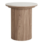 Table d'appoint Athens vue de face plateau en céramique blanche sur fût cylindrique cannelé effet bois