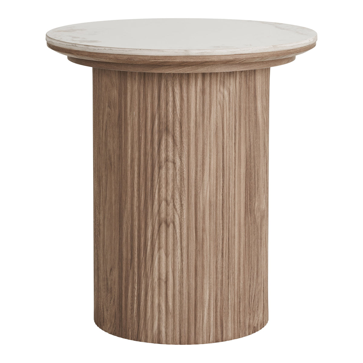 Table d'appoint Athens vue de face plateau en céramique blanche sur fût cylindrique cannelé effet bois
