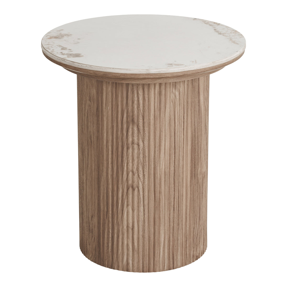 Table d'appoint Athens plateau rond en céramique blanche veinée et fût cannelé effet bois vue de trois quarts