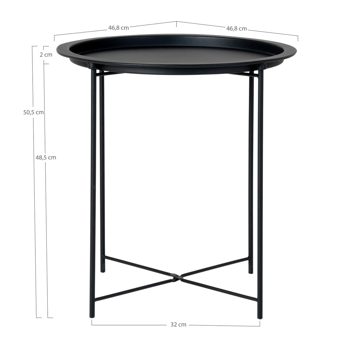 Schéma coté de la table d'appoint Bastia avec son diamètre sa hauteur et l'écartement des pieds