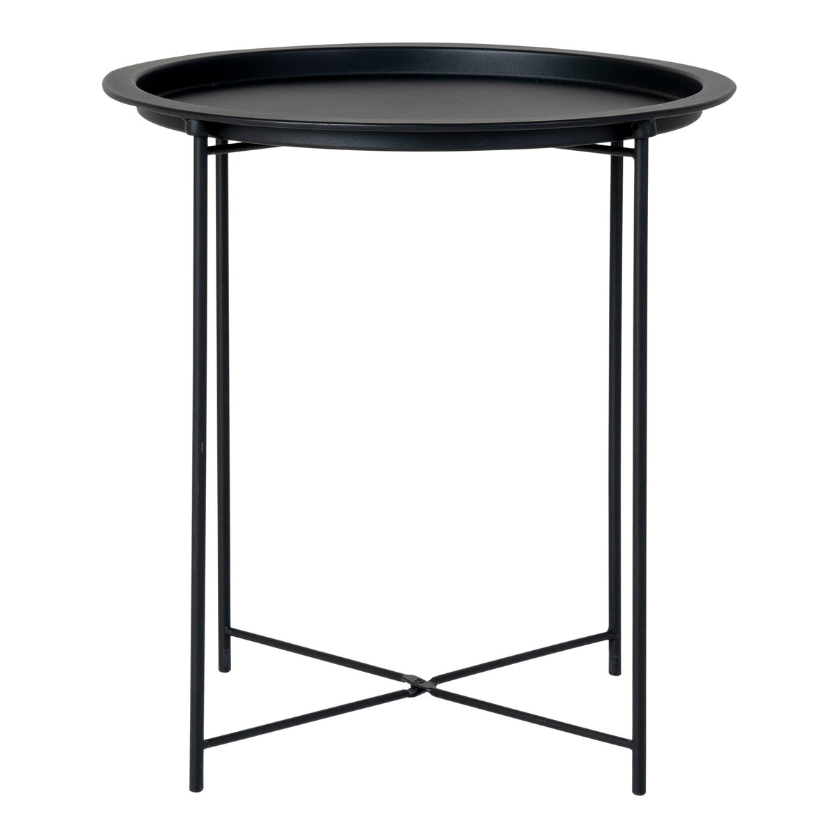 Table d'appoint Bastia en acier noir mat vue de face avec son plateau à rebord et ses pieds en croix