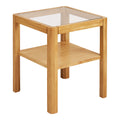 Table d'appoint carrée Lourmarin en chêne avec plateau en verre et tablette basse vue de trois quarts