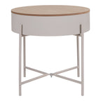 Table d'appoint coffre Sisco en acier beige et plateau effet chêne vue de face