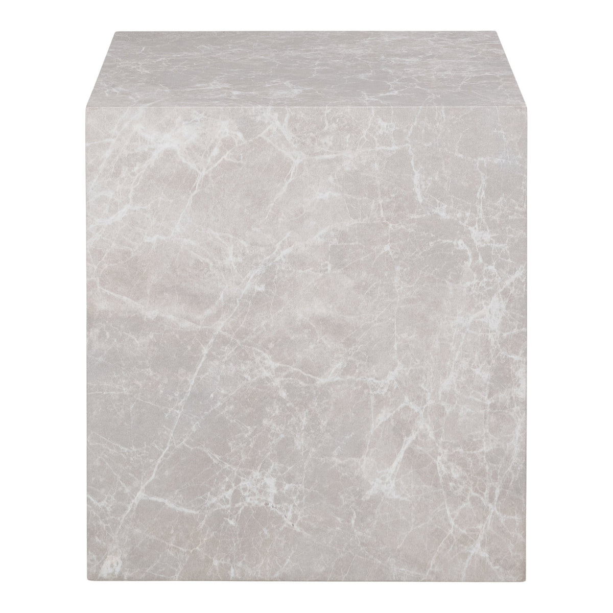 Table d'appoint cube Prague effet marbre beige vue de face veinage blanc
