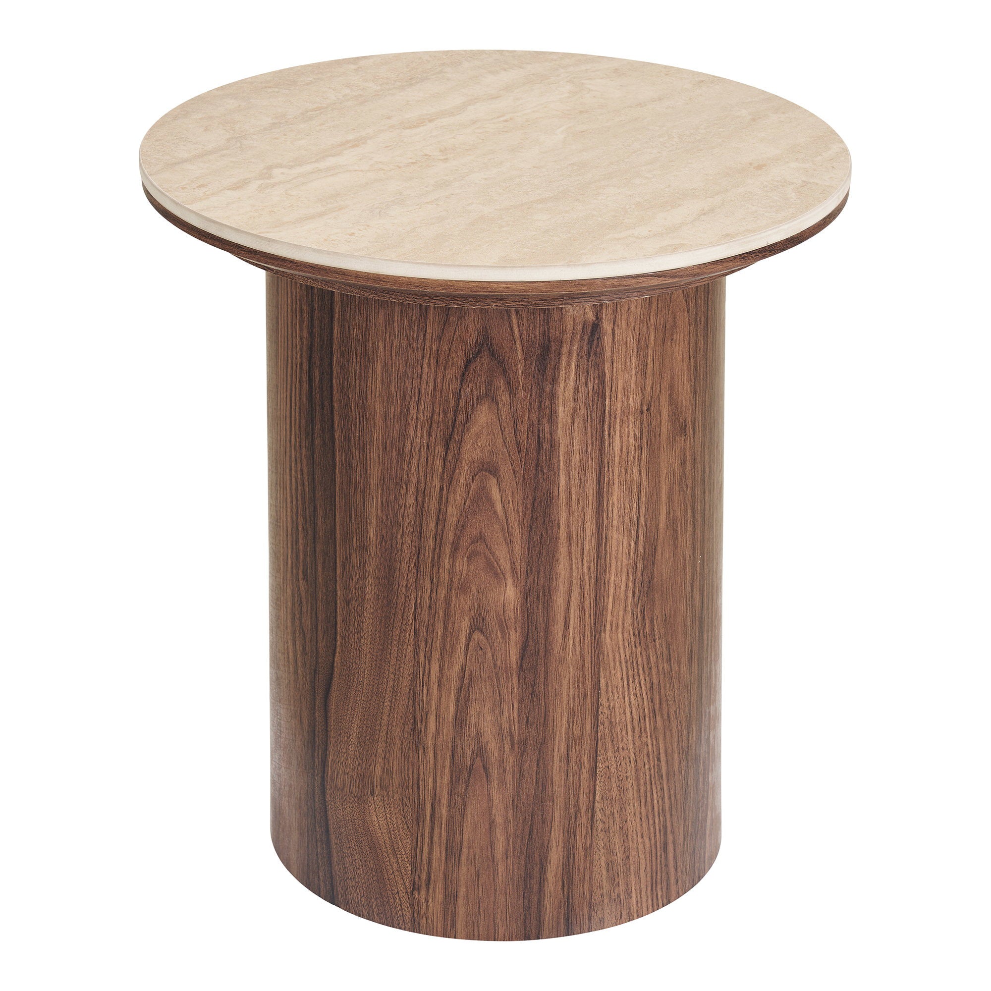 Table d appoint Delphi céramique effet travertin fût décor noyer vue de face