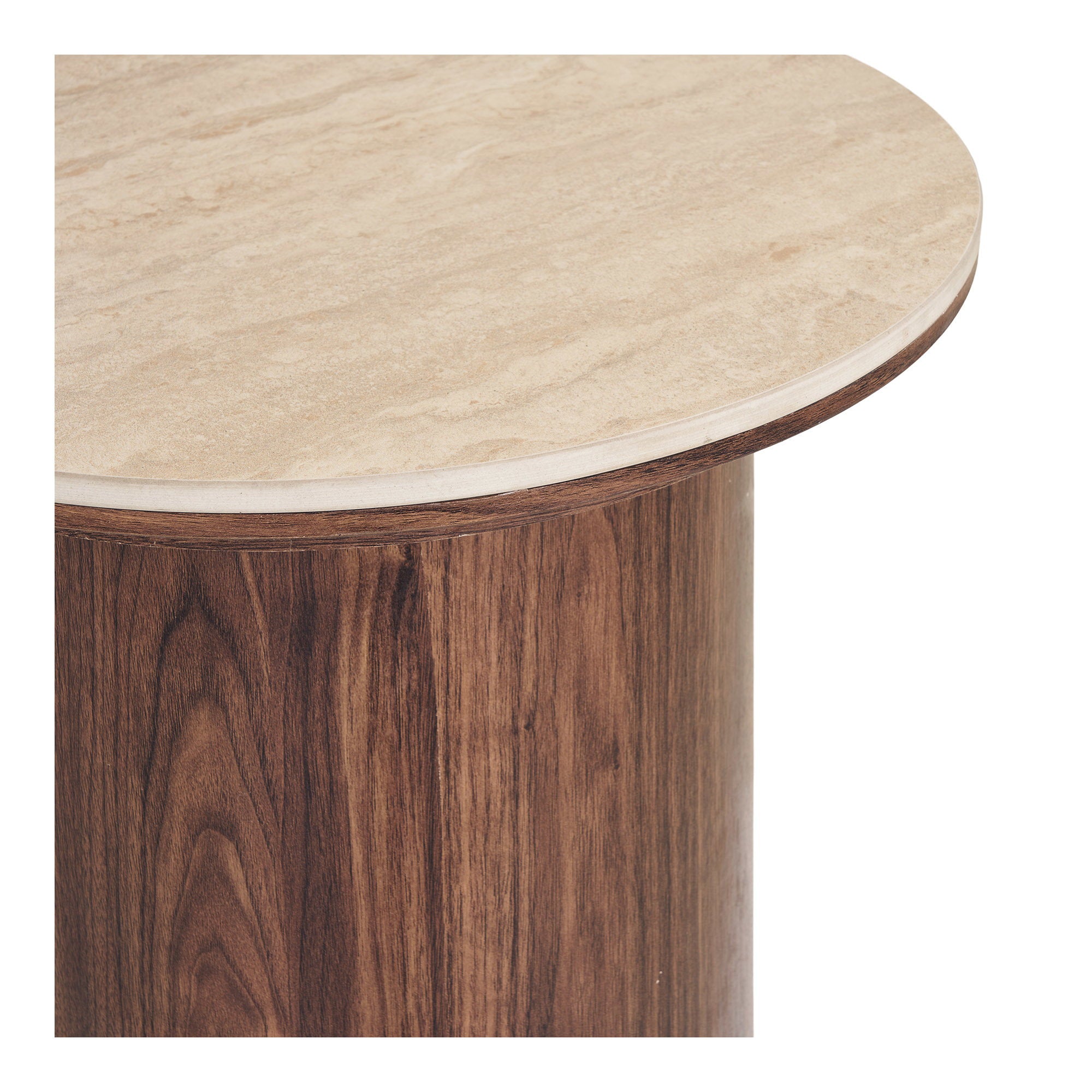 Table d appoint Delphi céramique effet travertin fût décor noyer vue de détail