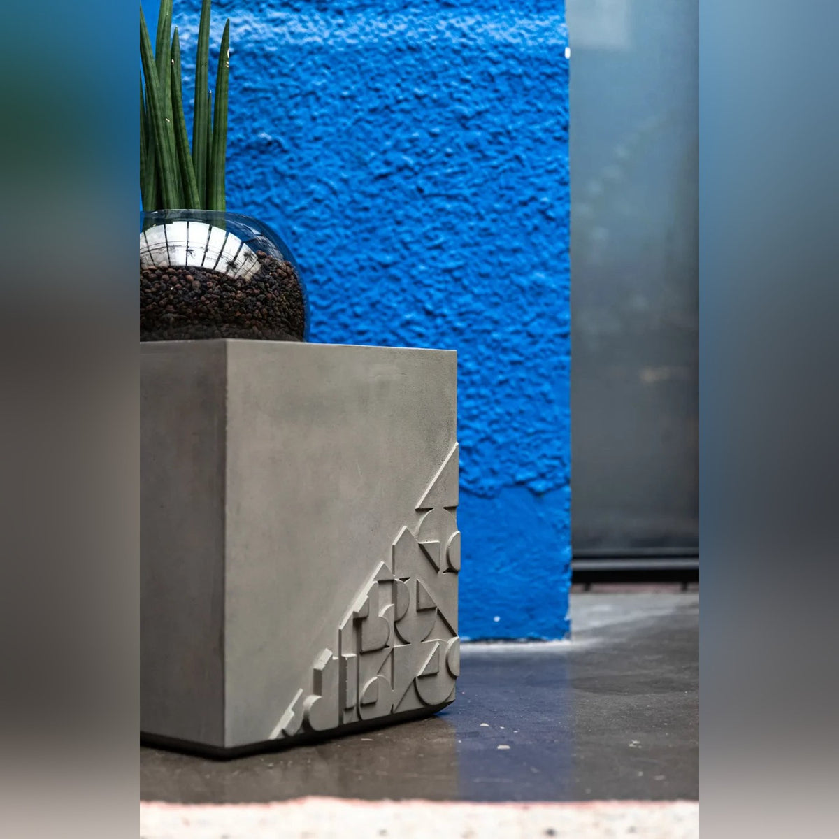 Table d'appoint Curb en béton avec une plante dans son globe devant un mur bleu
