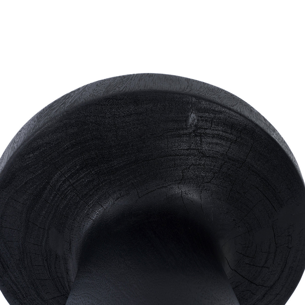 Dessous du plateau en suar noir et naissance du pied conique