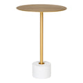 Table d'appoint Lecco 41 cm plateau rond couleur laiton sur fût fin et socle cylindrique en marbre blanc