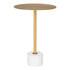 Table d'appoint Lecco 41 cm plateau rond couleur laiton sur fût fin et socle cylindrique en marbre blanc
