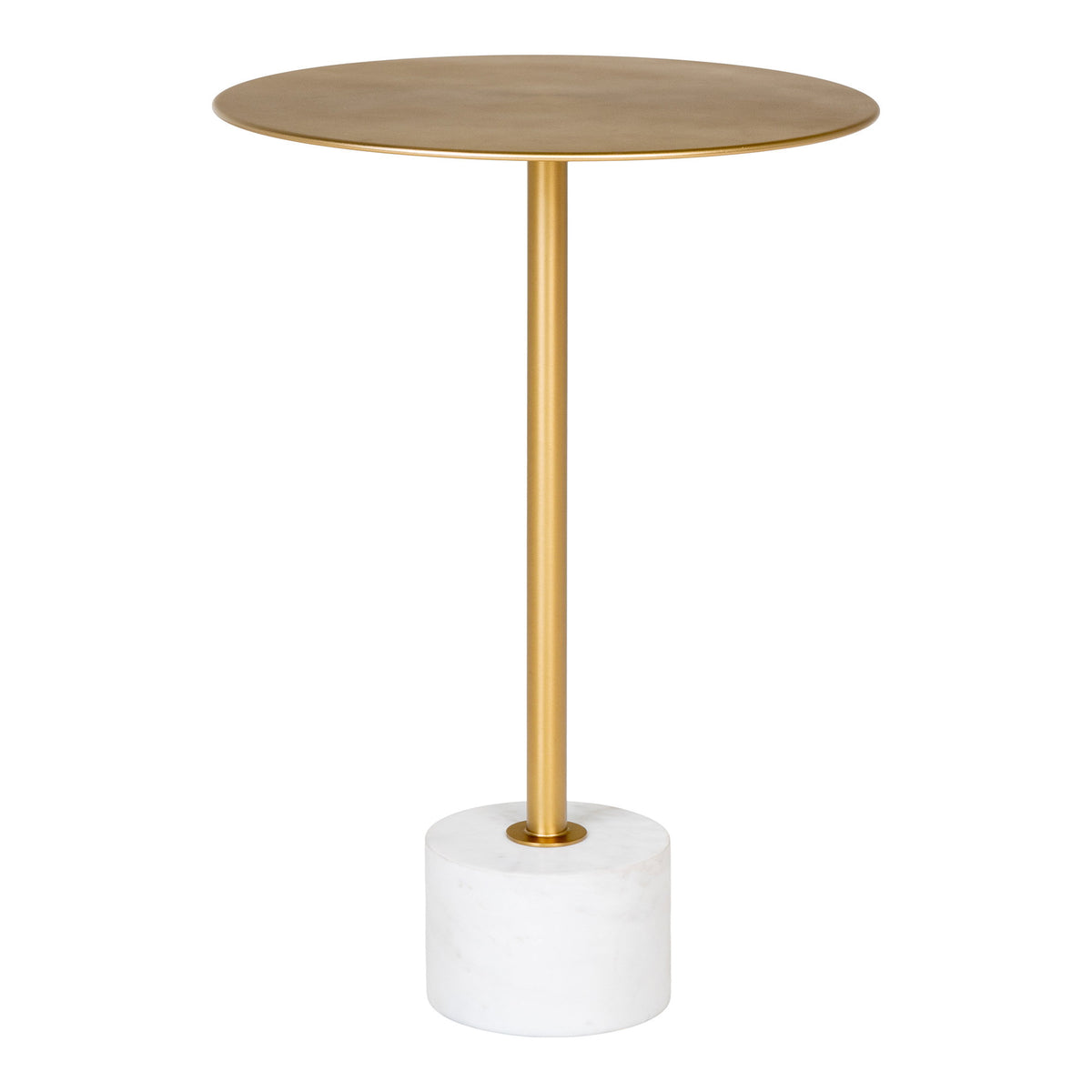 Table d'appoint Lecco 41 cm plateau rond couleur laiton sur fût fin et socle cylindrique en marbre blanc