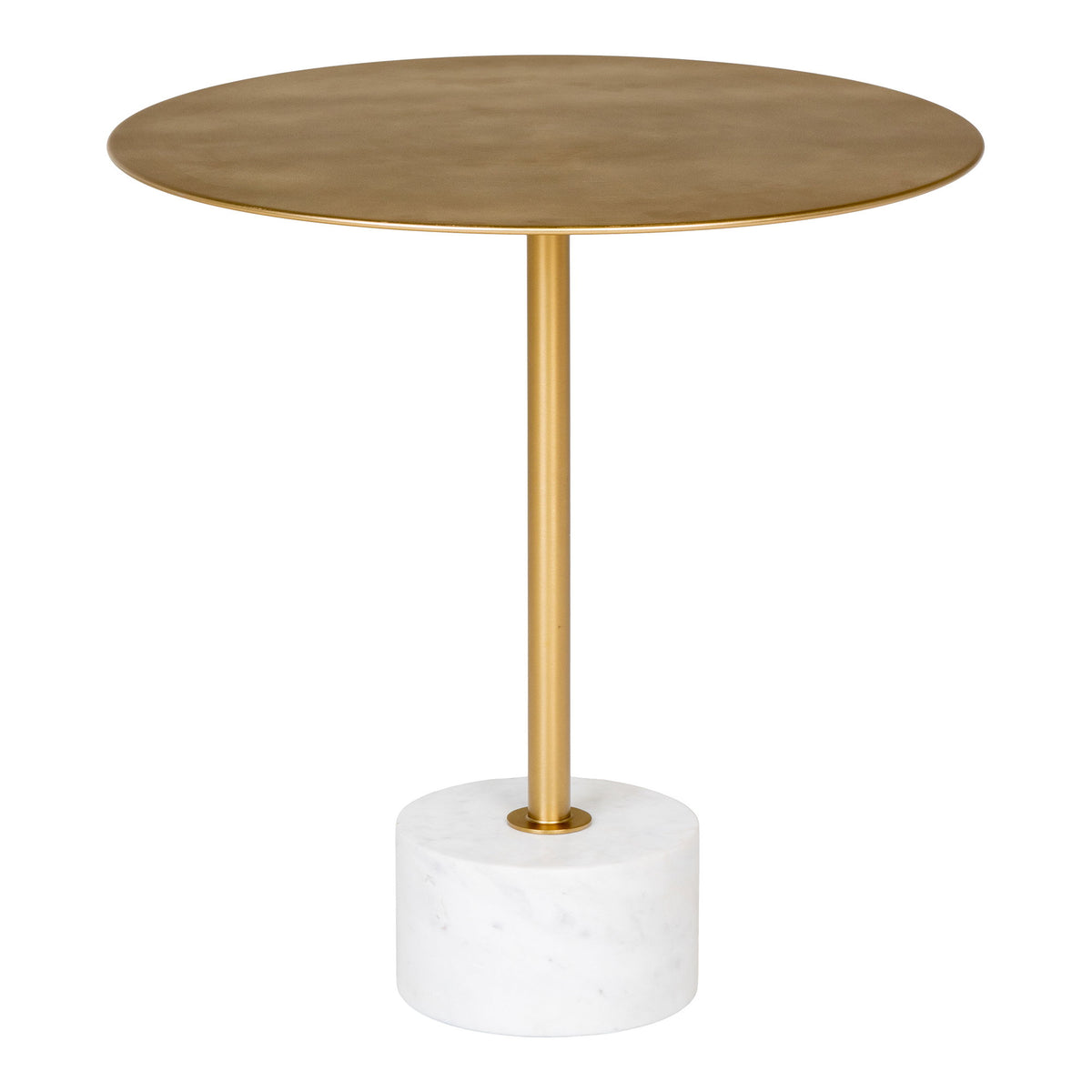 Table d'appoint Lecco 51 cm large plateau rond couleur laiton sur socle cylindrique en marbre blanc