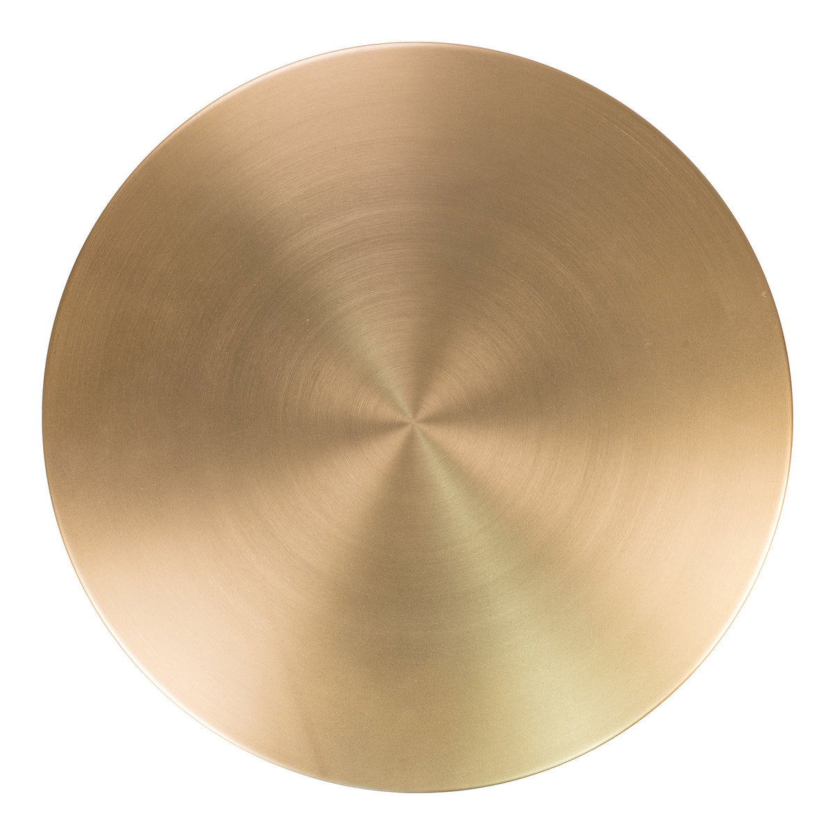 Plateau rond de la table Lecco vu de dessus en acier couleur laiton aux fines stries circulaires